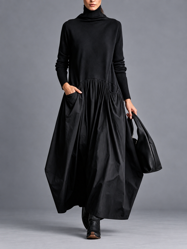 Odette | Maxi Μαύρο Oversized Φόρεμα με Ψηλό Γιακά